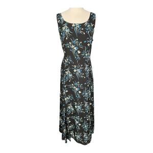 Charter Club Silk Maxi Dress Black Blue Floral Sleeveless Side Zip Size14 Luxury
